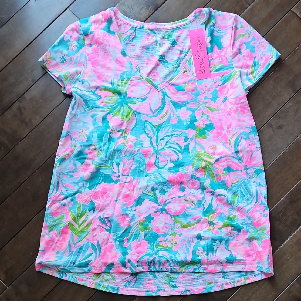 Lilly Pulitzer Pink and Blue Floral Short Sleeve Etta Top